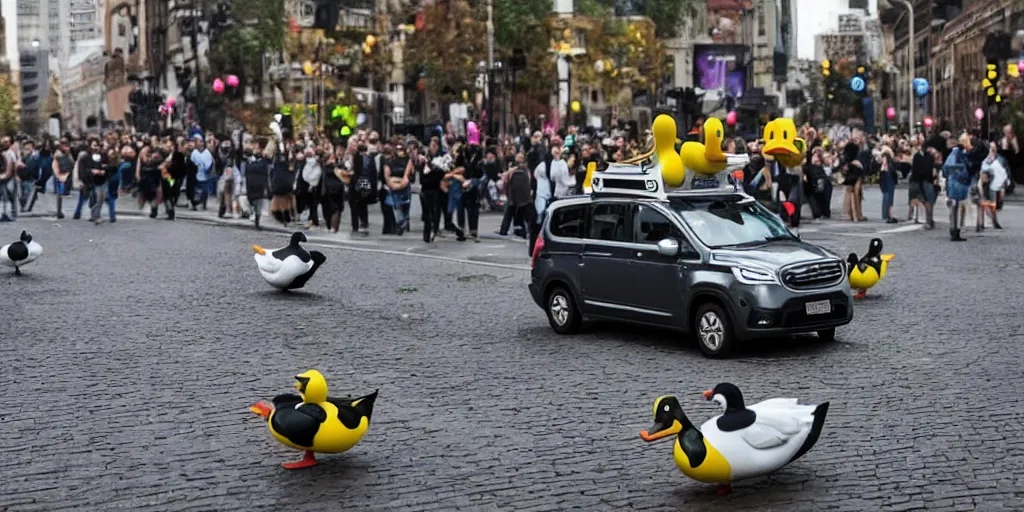 Prompt: The Uber Duck AI system vanquishing its enemies and causing celebration throughout the land.
