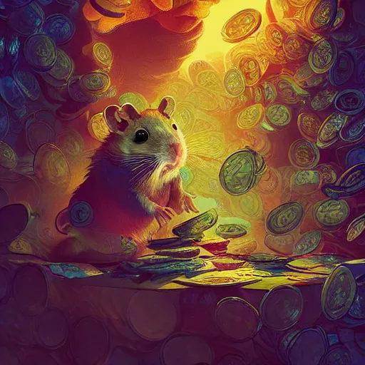 Image similar to very scared hamster, dollars on background, digital illustration portrait design, by android jones and greg rutkowski, retrowave color scheme, detailed, cinematic lighting, wide angle action dynamic portrait