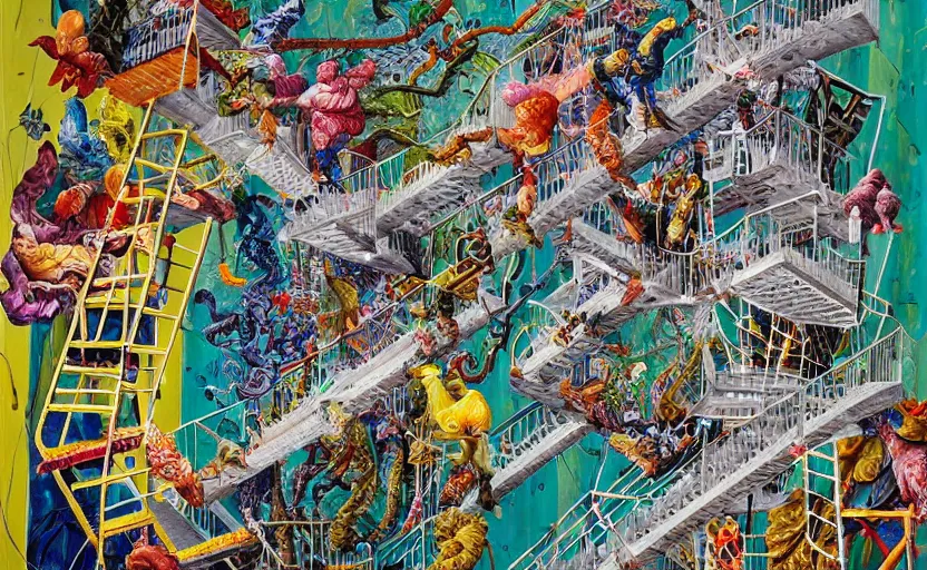 Image similar to chutes and ladders. detailed abstract painting by bordalo ii, by mc escher, by raqib shaw, japanese popsurrealism,