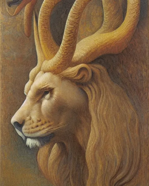 Image similar to a creature with the body and eyes of a man, with the beak of an eagle, the mane of a lion, and the horns of an ox by jean delville