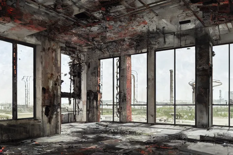 Prompt: palette knife oil pairing of an open - plan loft apartment with a panoramic view of a grim industrial landscape of cooling towers and rusted silos. inside, the apartment is fancy but filled with mess. extreme detail, artstation trending, artgerm, deviant art, octane, substance, art history 8 k