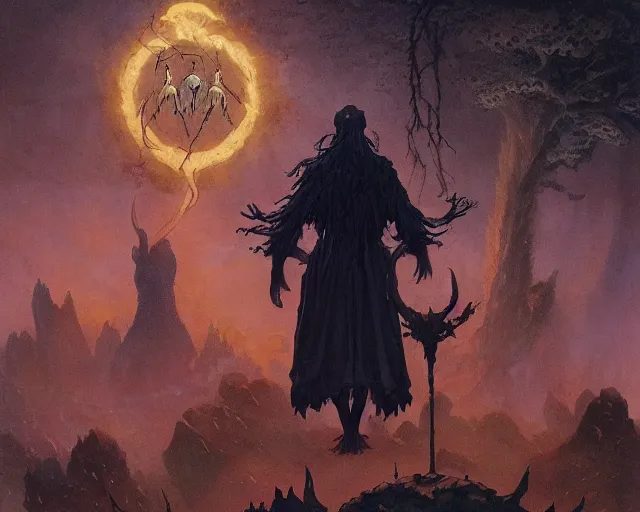 Image similar to a druid standing in a circle at the beginning of the world by greg rutkowski and frank frazetta and peter mohrbacher and william blake and dan mumford