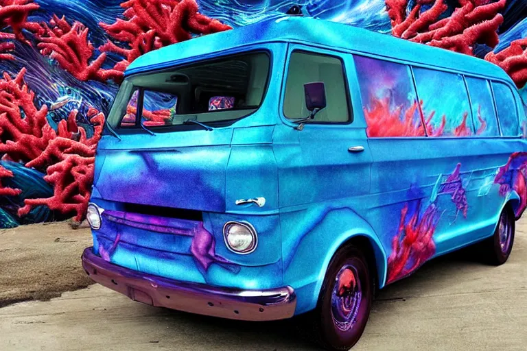 Prompt: a photo of a dark blue metallic 1 9 7 2 chevy g 1 0 panel van with an awesome airbrushed scene of a monster made of colorful coral reef emerging from the sea, 8 0 s synthwave, airbrushed, trapper keeper, lightning, explosions, creature