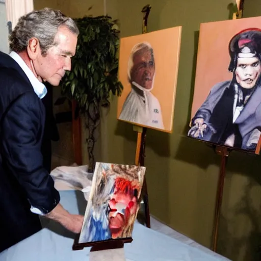 Image similar to george w bush painting a picture of johnny depp with wings