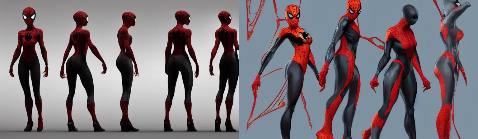 Prompt: full body character turnaround of a woman in an orb weaver outfit, character sheet, matte painting, spiderman!!, spiderwoman!!, john singer sargent, good value control, highly detailed portrait, character turnaround, digital painting, concept art, sharp focus, smooth, 3 d model, illustration, realistically proportioned body, black color and yellow scheme, black main color