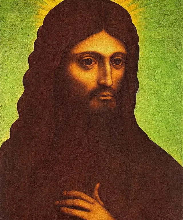 Prompt: portrait of mexican jesus, leonardo di vinci, painting, mexican colors