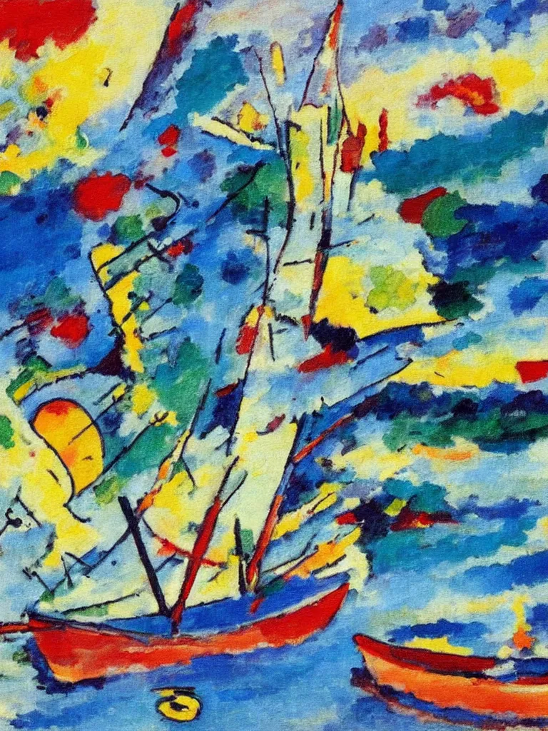 Prompt: painting of kandinsky, boat on the sea