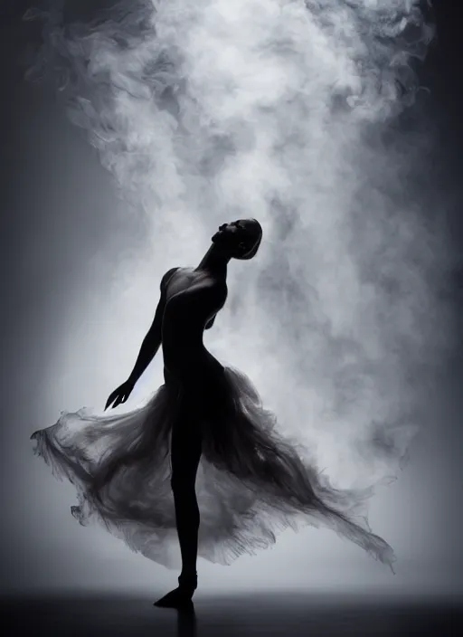 Image similar to a Photorealistic dramatic hyperrealistic render of a beautiful Female smoke dancer by Ken Brower and Deborah Ory of NYC Dance project,Lois Greenfield,Flowing cloth and smoke,Beautiful dynamic dramatic dark moody lighting,volumetric,shadows,cinematic atmosphere,Octane render,8K