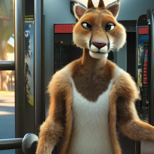 Image similar to a film still from the movie zootopia main character portrait anthro anthropomorphic mountain lion head animal person fursona wearing gym shorts at the gym working out pixar disney dreamworks animation sharp rendered in unreal engine 5 octane key art by greg rutkowski bloom dramatic lighting modeling expert masterpiece render