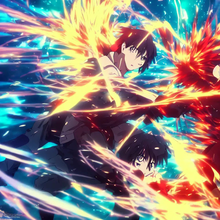 Prompt: a fight of two anime characters punching each other, deep rich colors, 8 k, award winning, blur, cinematic, neon, cyberwave, hayao miyazaki, makoto shinkai and ilya kuvahinov