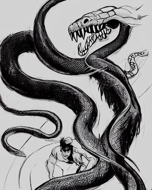 Image similar to a man fighting a giant snake, sketch by glen keane, black and white illustration by glen keane, concept art, artstation, disney 1 9 9 0