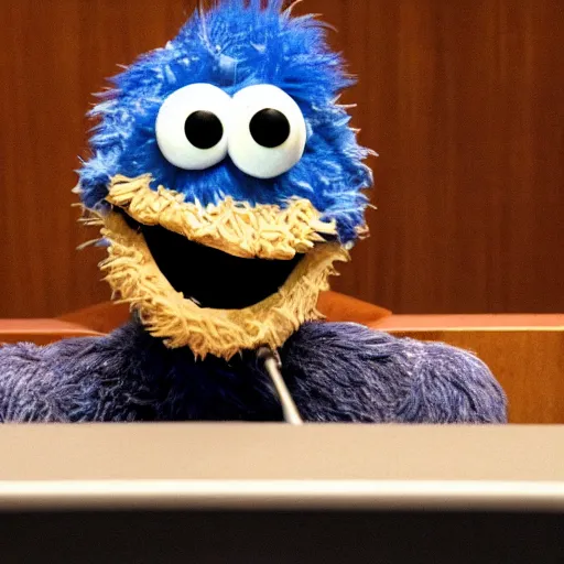 Prompt: Cookie Monster on trial at the Hague