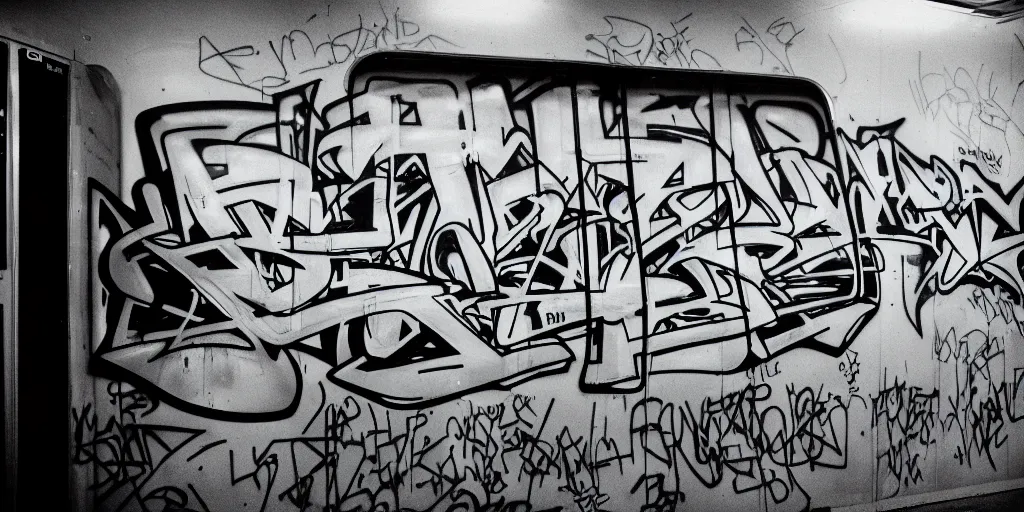 Image similar to subway cabin inside all in graffiti, man in stussy jacket closeup writing graffiti, night, film photography, exposed b & w photography, christopher morris photography