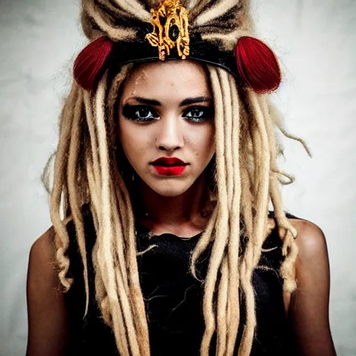 Prompt: instagram photography flawless beautiful female with blonde and red dreadlocks in a black ballgown, dark, piercing clear eyes, symmetrical golden ration exotic stoic expression, photorealistic, highly detailed, mysterious lighting, smooth, sharp focus, 8 0 mm camera
