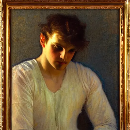 Image similar to eloquent haunted young man head in hands against bright background, oil painting, gaston bussiere, mucha, gerome,