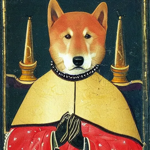Prompt: potrait of shiba inu dog dressed as a king, medieval painting