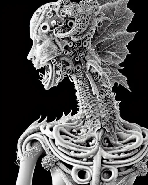 Image similar to dark background, a black and white high quality dreamy photo of a young beautiful female queen-dragon-vegetal-cyborg bust with a very long neck and delicate Mandelbrot fractal face, elegant, highly detailed, flesh highly baroque ornate, hair are curled wired cables, elegant, poetic, soft, dreamy, mysterious, high fashion, rim light, in the style of Ellen von Unwerth, Realistic, Refined, Digital Art, Highly Detailed, Cinematic Lighting, rim light, black and white, photo-realistic, 8K