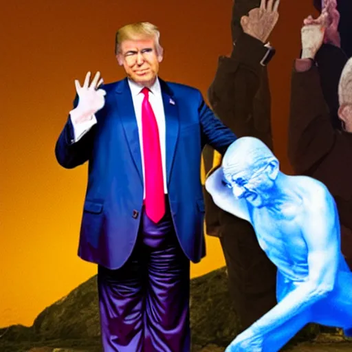 Prompt: donald trump dancing acrobatic rock with gandhi