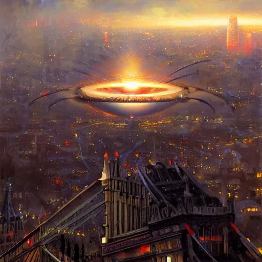 Prompt: eye of sauron looks over london by raymond swanland, highly detailed, bright tones