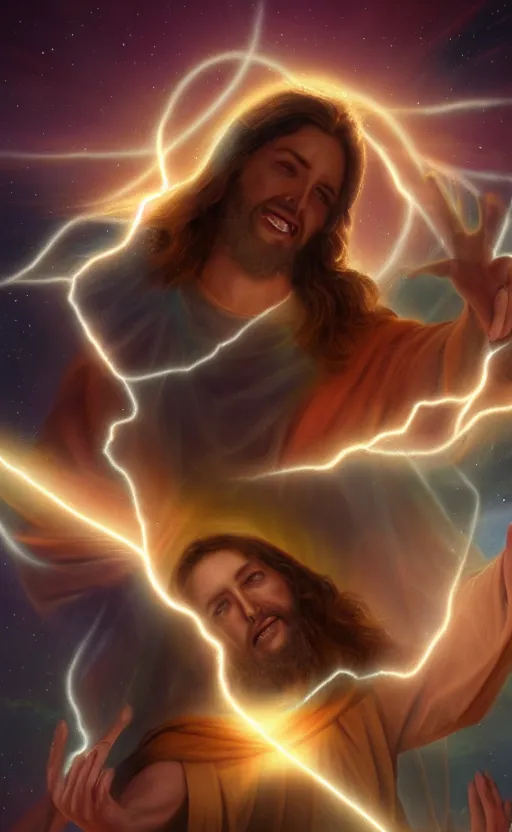 Prompt: Jesus casting a spell of cosmic love and appreciation. Digital art trending on artstation. 4k. Tyndall effect.