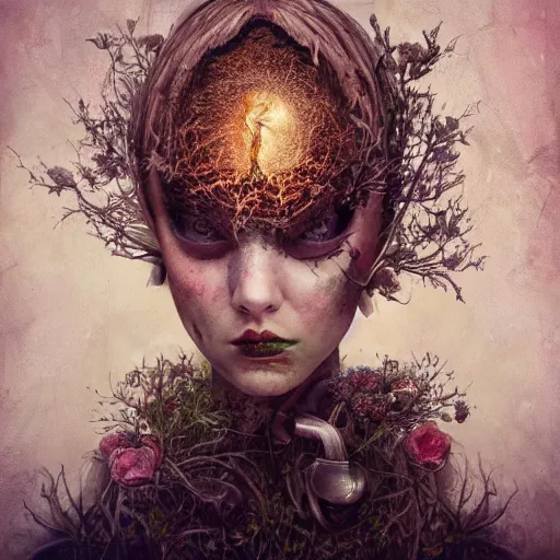Prompt: Very very very very highly detailed epic portrait of someone with garden inside head by Brooke Shaden, intricate, dystopian, sci-fi, extremely detailed, digital painting, artstation, concept art, smooth, sharp focus, illustration, intimidating lighting, incredible art,