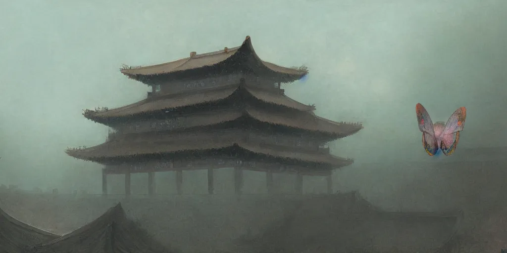 Prompt: on a foggy morning, cloudy day, a glowing giant butterfly perches on the roof of an ancient chinese building, by craig mullins