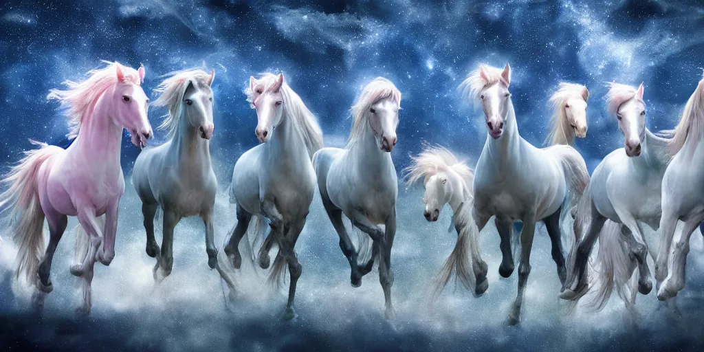 Image similar to a group of cyan spectral ghostly translucent horses with riders fly overhead in the starry twilight sky, high detail, sharp, digital art