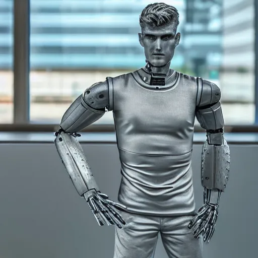 Image similar to a realistic detailed photo of a guy who is an attractive humanoid who is half robot and half humanoid, who is a male android, soccer player timo werner, shiny skin, posing like a statue, blank stare, by the pool, on display, showing off his muscles, humanoid robot, frozen ice statue, made of ice