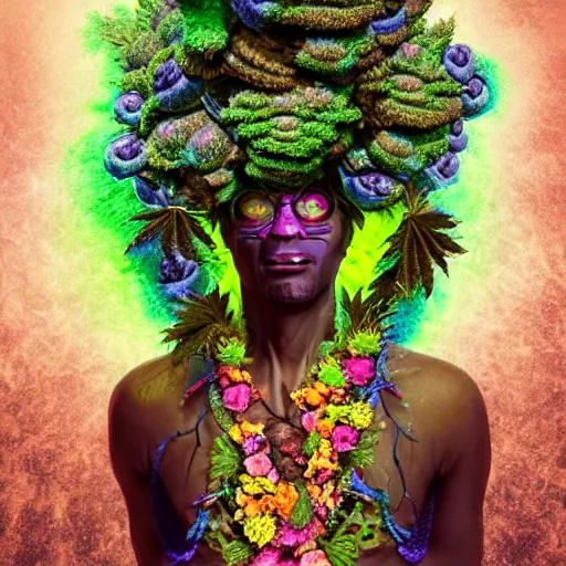 Image similar to an african marijuanna shaman with an afro made of flowers, third eye art art by machina infinitum, complexity from simplicity, rendered in octane, mandelbulb 3 d, ambient occlusion, macro photography, felt!!! texture, tribal, neon! retrowave