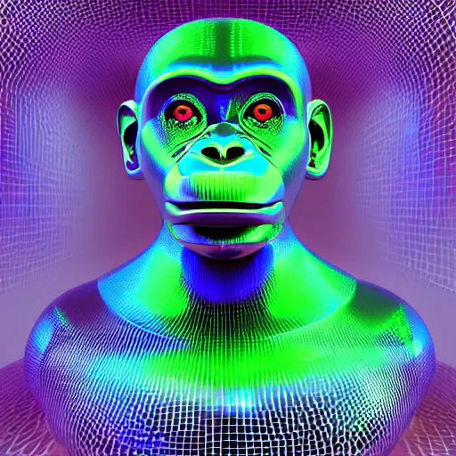 Image similar to 3d render of holographic chimpanzee robotic head made of glossy iridescent, surrealistic 3d illustration of a chimpanzee face non-binary, non binary model, 3d model ape, cryengine, made of holographic texture, holographic material, holographic rainbow, concept of cyborg and artificial intelligence