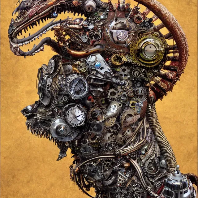 Image similar to profile portrait of a dragon, computer parts, mechanical parts, by giuseppe arcimboldo, steampunk, cyberpunk, futuristic, psychedelic, surreal, sci - fi, vaporwave, alien, dreamlike.