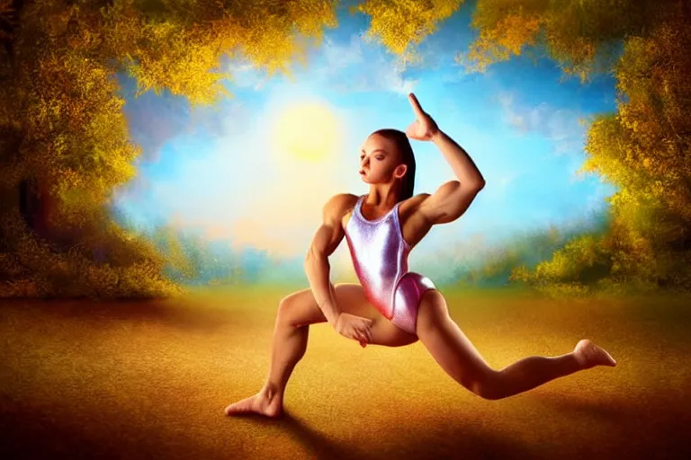 Prompt: gymnast girl, fantasy, painting, ultra realistic!!!, clear weather, golden hour, sharp focus