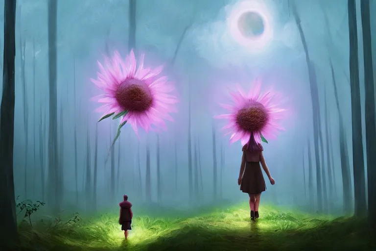 Image similar to giant daisy flower as face, girl walking in forest, surreal photography, dark night, stars, moon light, impressionist painting, clouds, digital painting, artstation, simon stalenhag