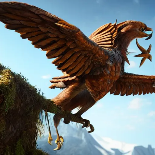 Image similar to griffin over a small hut highly detailed, photorealistic portrait, bright studio setting, studio lighting, crisp quality and light reflections, unreal engine 5 quality render