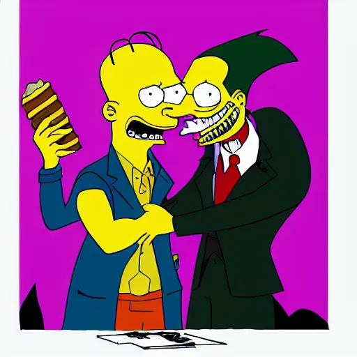 Image similar to heath ledgers joker giving ice cream to batman in the style of the simpsons, highly detailed, sharp image, 4 k