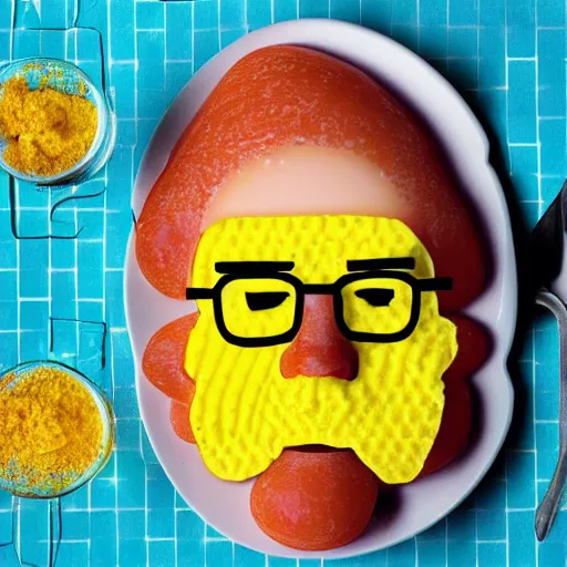 Prompt: Photo of scrambled eggs in the shape of Walter White's face