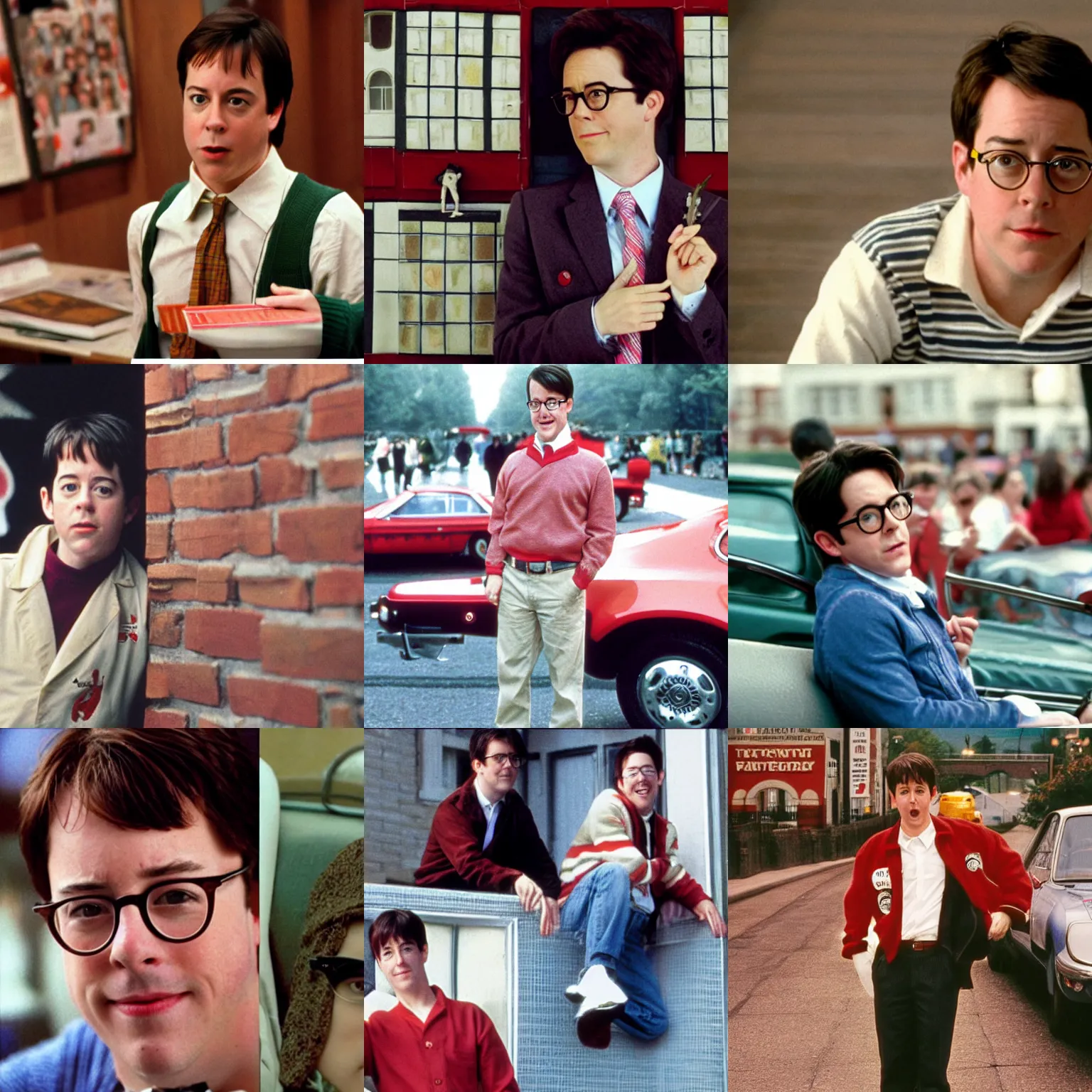 Prompt: matthew broderick as ferris bueller in the style of wes anderson