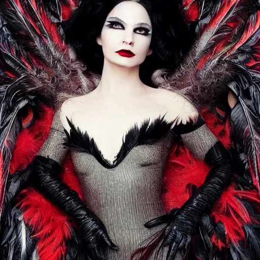 Prompt: dark swan queen, black hair, black feathers instead of hair, gothic, red lips, feathers growing out of skin, black fingers with black claws, bird feet, black bodysuit, disney villain, dark fae, moulting, suspended in zero gravity, on spaceship with cables hanging down, highly detailed, mucha