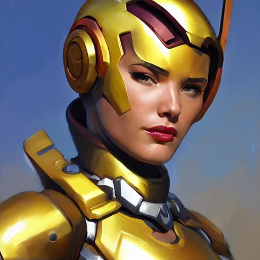 Image similar to greg manchess portrait painting of a female ironman as overwatch character, medium shot, asymmetrical, profile picture, organic painting, sunny day, matte painting, bold shapes, hard edges, street art, trending on artstation, by huang guangjian, gil elvgren, ruan jia, greg rutkowski, gaston bussiere