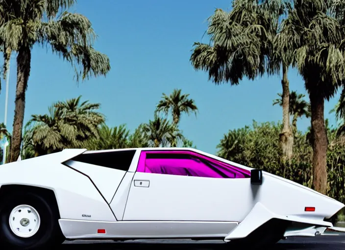 Image similar to a white lamborghini countach. palms and blue sky in the background. 8 0's style. purpur to pink gradient