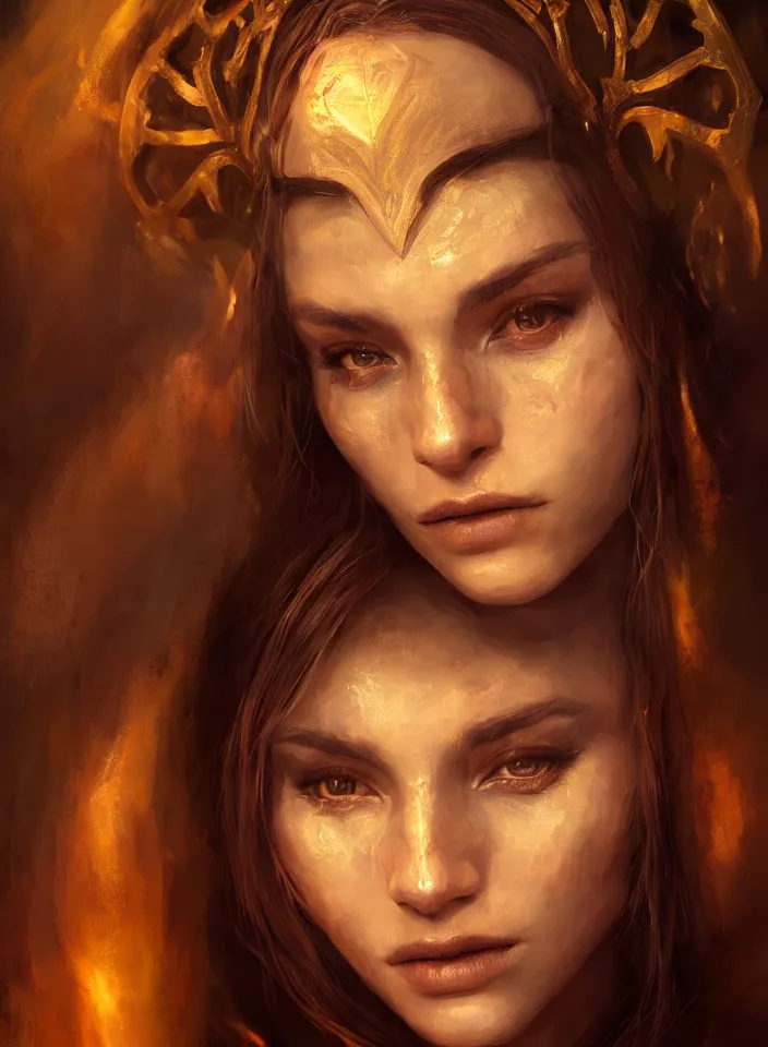 Prompt: a face portrait of a beautiful girl sorceress from skyrim, skyrim setting, beautiful face, warm colors, soft lighting, atmospheric, cinematic, moody, in the style of diego koi, gina heyer, luiz escanuela, art by alyssa monk, hyperrealism, rule of thirds, golden ratio, oil on canvas, 8 k