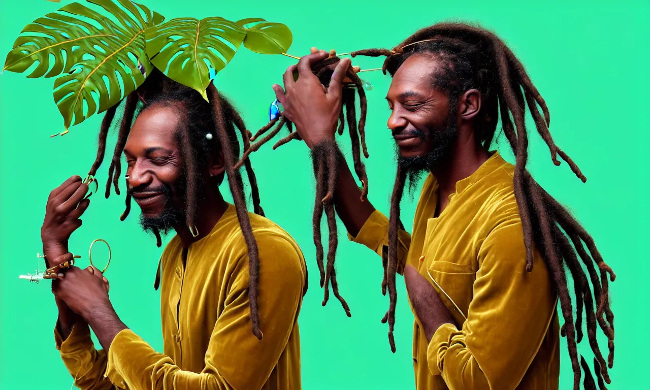 Prompt: very very beautiful portrait of a jamaican man with dreadlocks repairing a toroidal energy device, floating in zero gravity, in a comfy mint green velvet loungeroom, solarpunk, detailed realistic smiling faces, surrounded by advanced elegant factory machinery, monstera deliciosa, biomechanical, symmetrical, sunrise, golden ratio, elegant, elite, lush, atmospheric, volumetric lighting, haunting, wide angle, cinematic, trending on artstation, unreal engine, 8k, vivid and vibrant