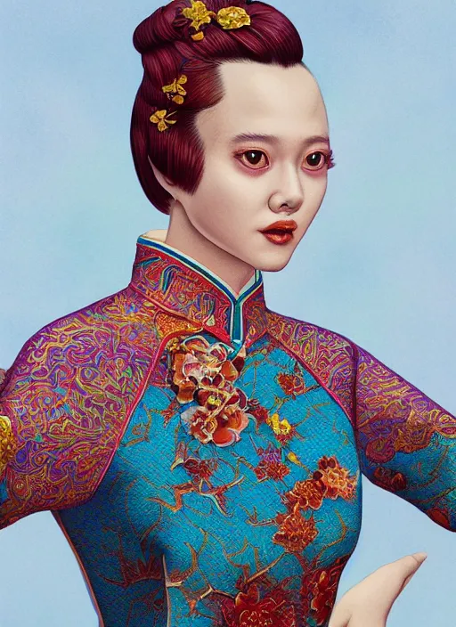 Image similar to cheongsam : : by martine johanna and simon stalenhag and chie yoshii and casey weldon and wlop : : ornate, dynamic, particulate, rich colors, intricate, elegant, highly detailed, centered, artstation, smooth, sharp focus, octane render, 3 d