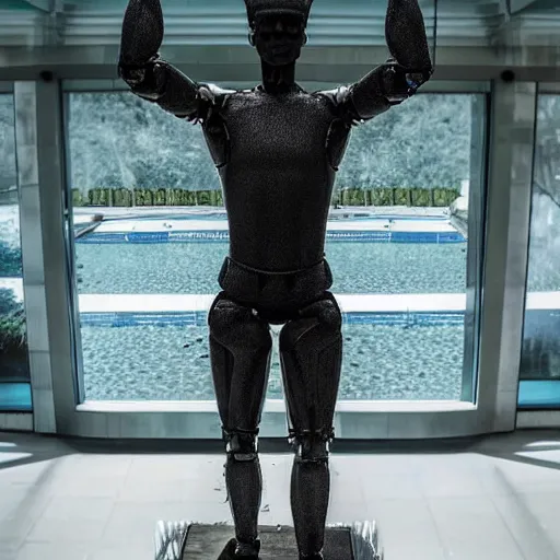 Image similar to a realistic detailed photo of a guy who is an attractive humanoid who is half robot and half humanoid, who is a male android, soccer player timo werner, shiny skin, posing like a statue, blank stare, by the pool, on display, showing off his muscles, humanoid robot, frozen ice statue, made of ice