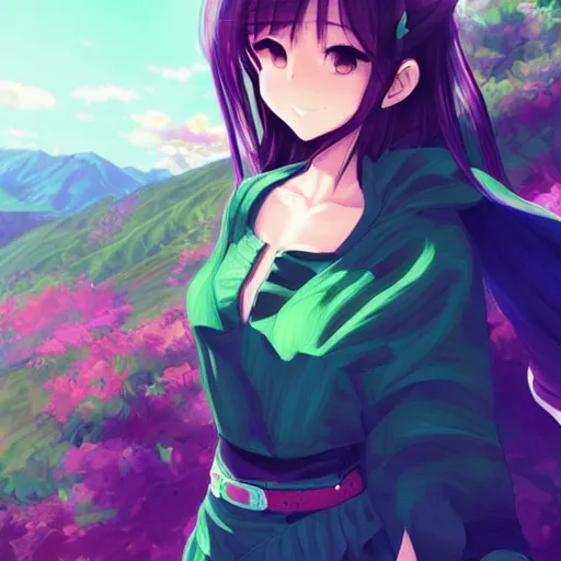 Prompt: anime girl in beautiful green valley and blue skies, digital art by Rossdraws and Artgerm.