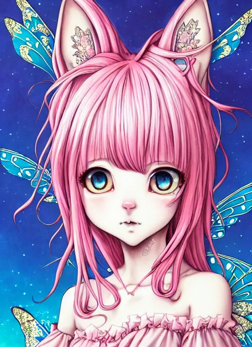 Image similar to dark fantastic mange beautiful cat girl stand in the sunshine, pink hair, rococo dress, symmetrical face, portrait, cute, fairy, by artgerm, mai yoneyama, takeshi obata, katsuhiro otomo, pixiv, detailed background, artstation, highly detailed, colorful, maximalist