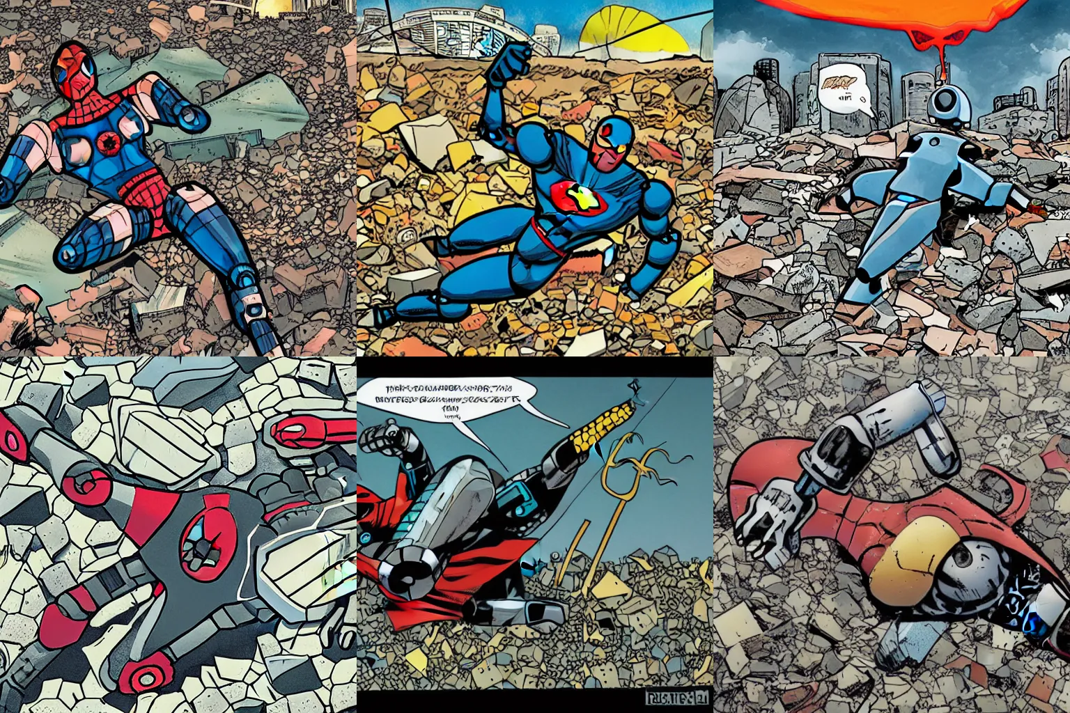 Prompt: A robotic superhero lying atop a field of rubble, comic book panel, 2016