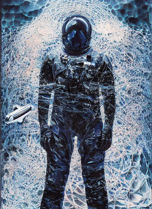 Prompt: astronauts in dark and empty void underwater poster - complex and hyperdetailed technical suit. go pro selfie. reflection and dispersion materials. rays and dispersion of light. volumetric light. 5 0 mm, f / 3 2. noise film photo. flash photography. ultra realistic. poster by wayne barlowe, hajime sorayama aaron horkey, craig mullins