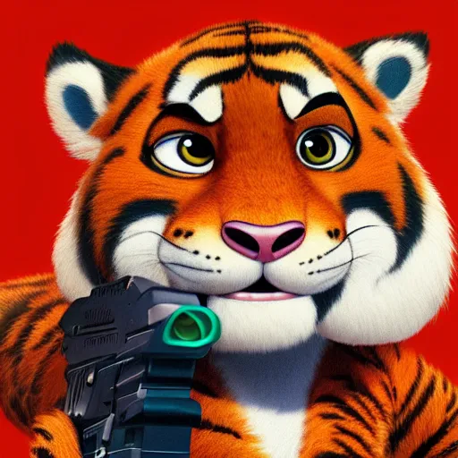 Image similar to “portrait of tiger in the style of the movie zootopia holding a laser gun, 4k, digital art, award winning”