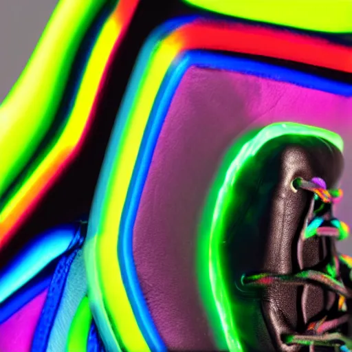 Prompt: close up of an rgb futuristic shoe with rainbow wings